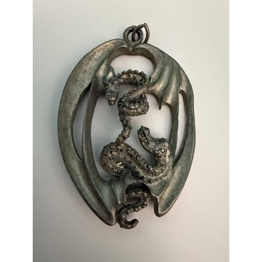 Vintage Spoontiques Pewter Winged Dragon Pendant #2208 Gothic Fantasy Necklace